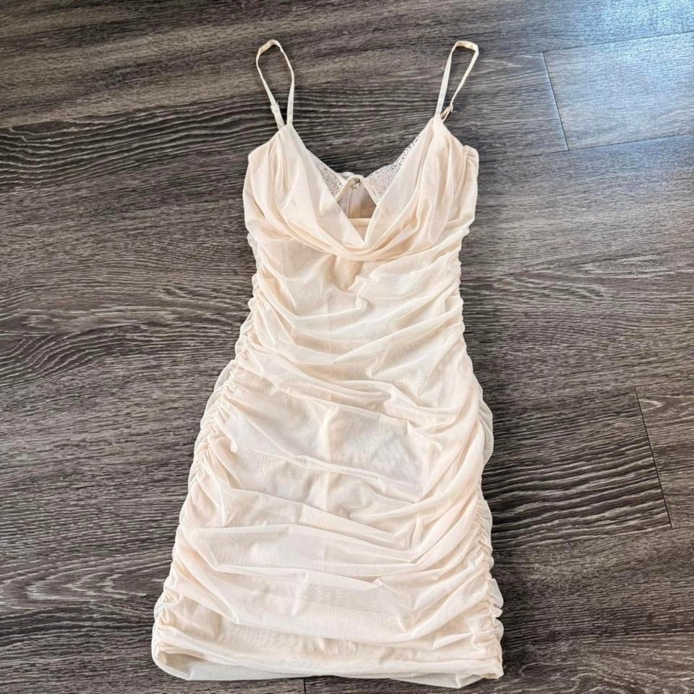 Oh Polly Cream Ruched Rhinestone Mini Dress - Picture 4 of 8